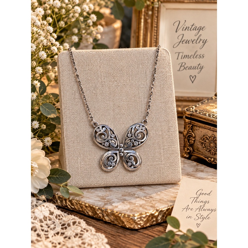Brighton Silver Butterfly Pendant Necklace Crystal Accents Heart Charm New